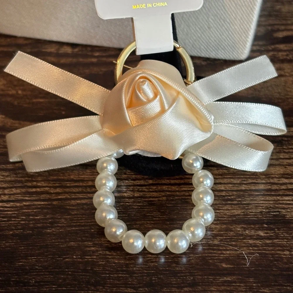 Crystal Collection Ivory Satin Rose Faux Pearl Bow Keychain Gold Tone Clasp